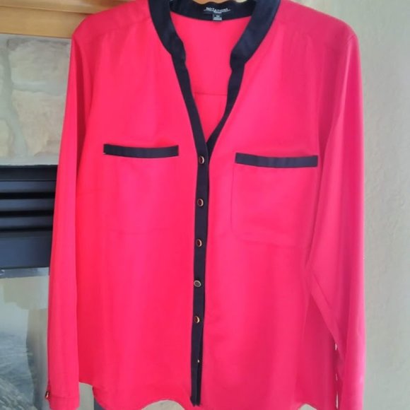 Classic Red Notations Blouse with Black Trim - Picture 1 of 7